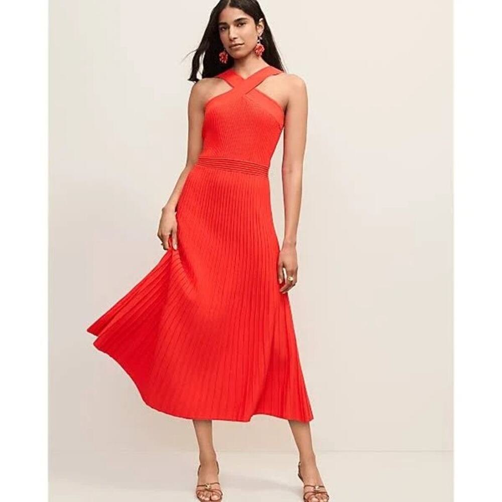 NWT Ann Taylor Ribbed Halter Sweater Dress Aperol Orange Knit Midi Size Large - Picture 3 of 5